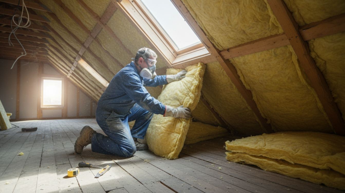 Technicien posant de la laine isolante jaune entre les chevrons d'un comble sous velux