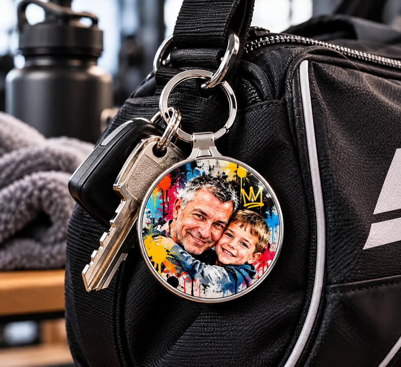 Porte-clé photo rond accroché à un sac, portrait coloré style street art
