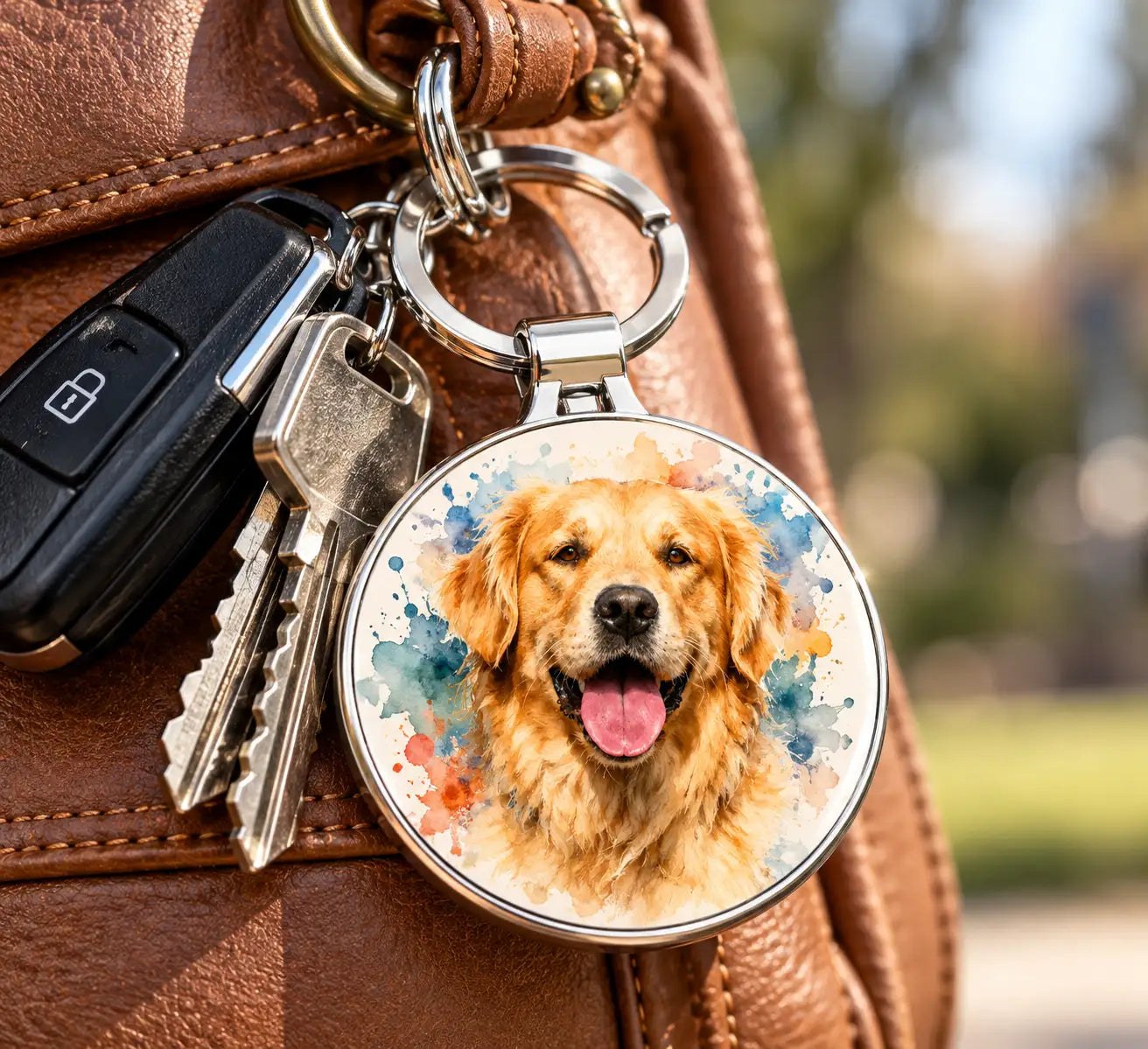 Porte-clé photo rond avec portrait aquarelle d'un chien, accroché à un sac en cuir